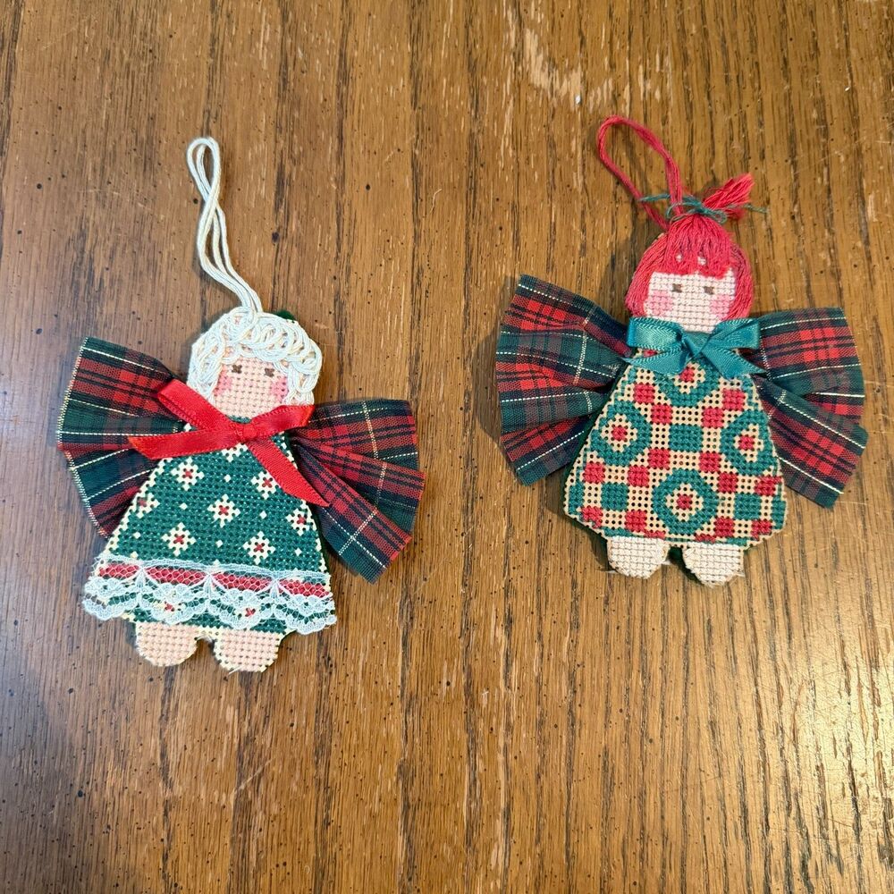 Vintage Handmade Plastic Canvas Girl Angel Christmas Ornaments Set of 2 Plaid